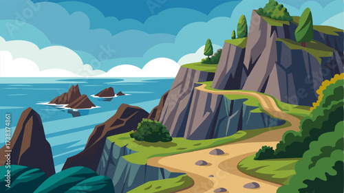 A rugged terrain of craggy rocks and lush greenery with the path snaking through the middle offering glimpses of the shimmering sea.