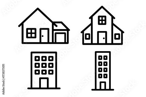 Vector illustration of home and apartment icon set, modern residential houses and urban apartment buildings, real estate, property, architecture, simple line art design, housing concept