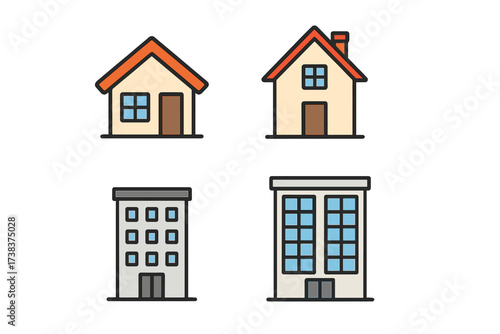 Vector illustration of home and apartment icons set. Residential house with orange roof, chimney, multiple floor apartment building, urban living, real estate, modern architecture.