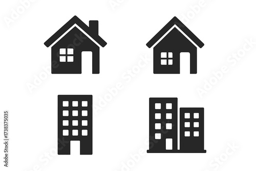 Black home and apartment building icons set. Simple house silhouette with windows and door. Urban and suburban residential architecture symbols. Real estate, property, housing design elements
