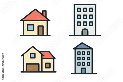 Vector set of modern home and apartment building icons, residential house illustrations, urban living, real estate symbols, dwelling, property, architecture, urban and suburban housing designs