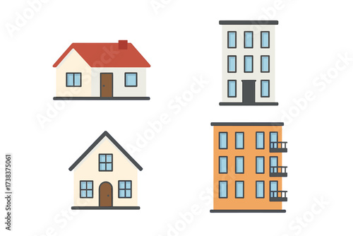 Vector illustration of different home and apartment buildings collection with modern residential houses, multi-story apartment blocks, urban housing, real estate icons concept