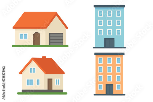 Vector illustration of residential and apartment buildings with homes and urban apartment blocks, modern housing, real estate, architecture design icons, city living concept