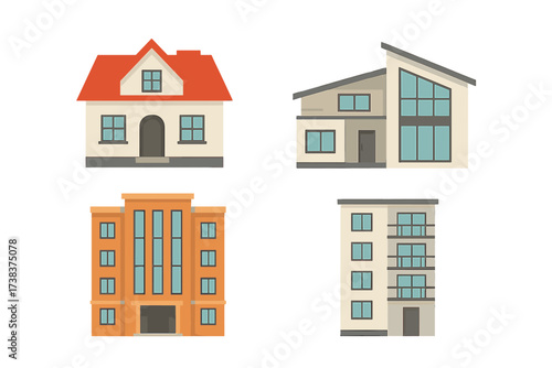 Vector illustration of modern residential buildings and houses set, home icons with various architectural styles, apartments and houses front view, real estate concept, urban living
