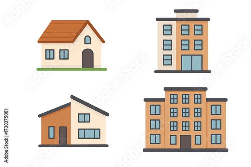 Modern residential buildings vector set, house and apartment complex icons, suburban home and multi-story apartment block illustrations, real estate and property design concept
