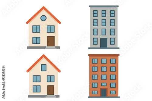 Vector illustration of home and apartment building icons set. Residential houses and multi-storey apartment blocks with windows and doors. Real estate, housing concept, urban living