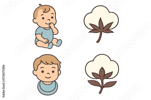 Cute Baby Boy Illustration with Cotton Plant Symbol Set, Child Growth and Natural Cotton Concept, Adorable Infant Vector Art, Early Childhood and Soft Textile Designs