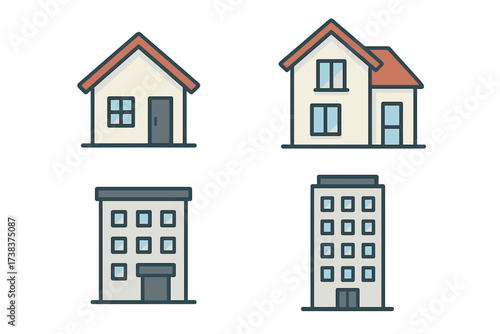 Vector illustration of residential buildings set with houses and apartment buildings, home and urban living icons, modern architecture design elements for real estate and housing concepts