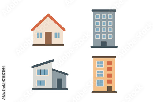 Vector illustration of diverse home and apartment buildings collection, residential houses and urban apartments icons, real estate concept, modern living, housing options