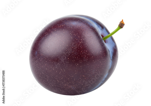 Cuadro en lienzo Isolated ripe plum with a small stem on a simple light backdrop in clean, commer