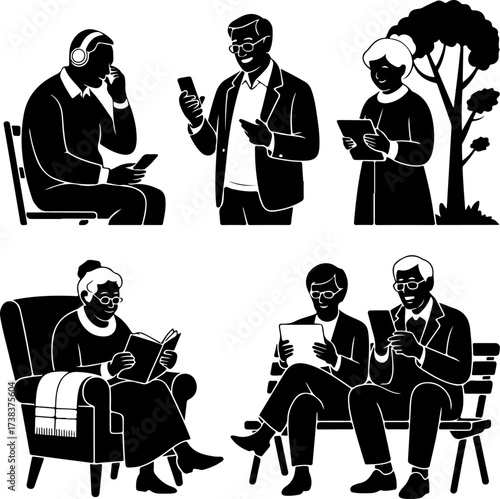 Elderly people with modern technology autumn edition silhouettes