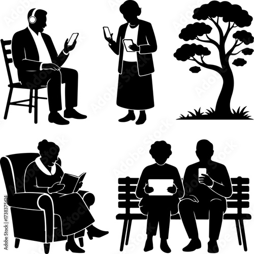 Elderly people with modern technology autumn edition silhouettes
