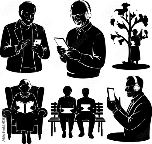Elderly people with modern technology autumn edition silhouettes