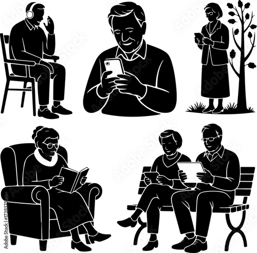 Elderly people with modern technology autumn edition silhouettes