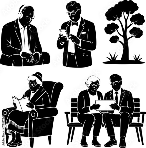 Elderly people with modern technology autumn edition silhouettes