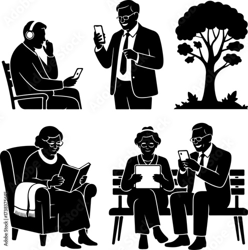 Elderly people with modern technology autumn edition silhouettes