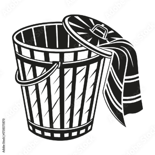 Illustration of a vintage trash can with a slightly ajar lid and a cloth draped over the side, rendered in a black and white line art style isolated on white background