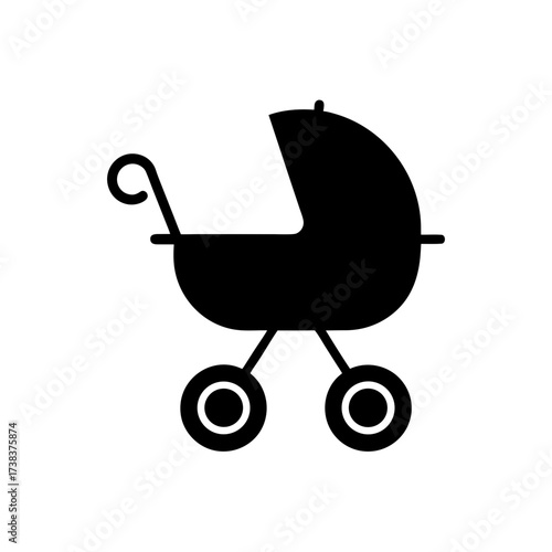 Silhouette of a baby stroller in black color on transparent background