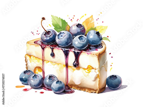 Illustration of blueberry cheesecake in watercolor style convert to vector