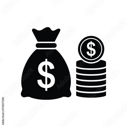 Money bag and stack of coins symbol representing wealth and financial success - Vector illustration logo template