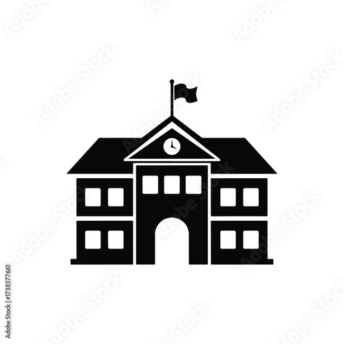 Simple silhouette icon of a classic school building with flag and clock - Vector illustration logo template