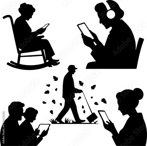 Elderly woman sitting on rocking chair using tablet 