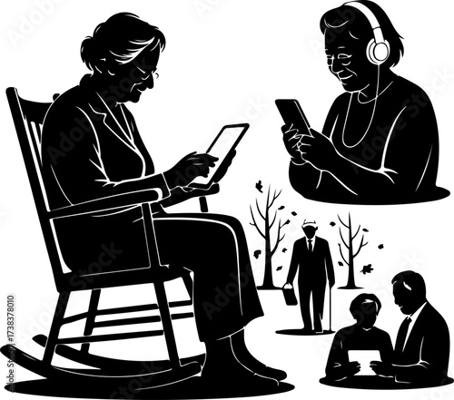 Elderly woman sitting on rocking chair using tablet 