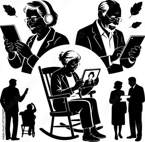 Elderly woman sitting on rocking chair using tablet 