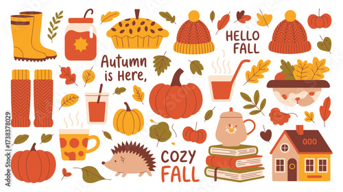 Cozy autumn fall season elements collection with pumpkins and pie