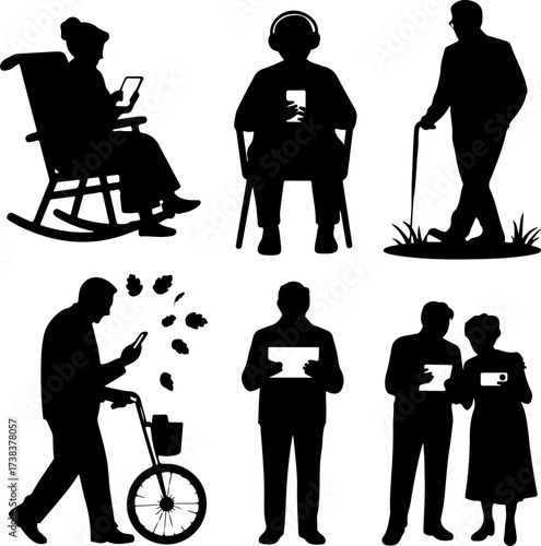 Elderly woman sitting on rocking chair using tablet 