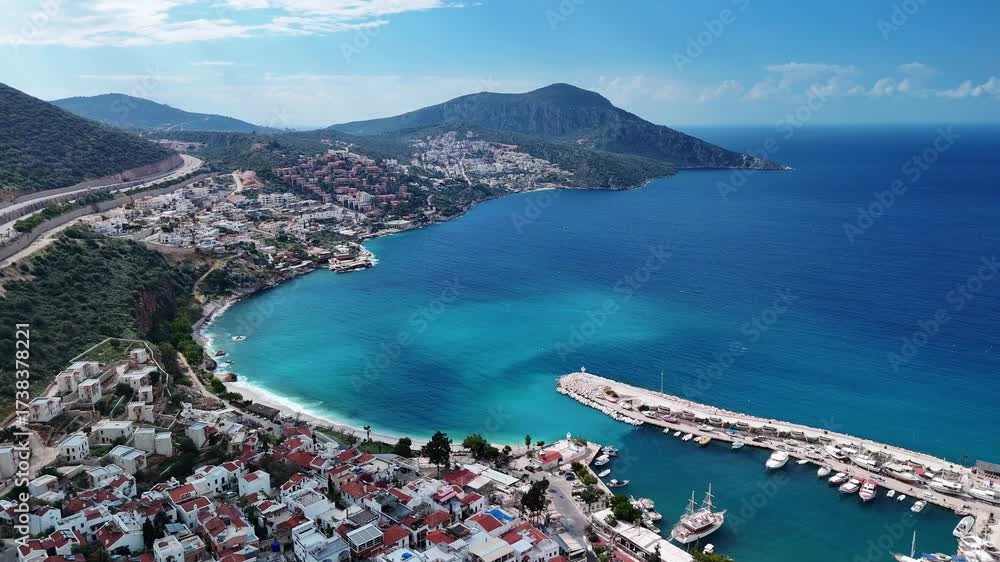Luxury Kalkan, Panoramic View of White Villas, Marina, Mediterranean Coast, 4K