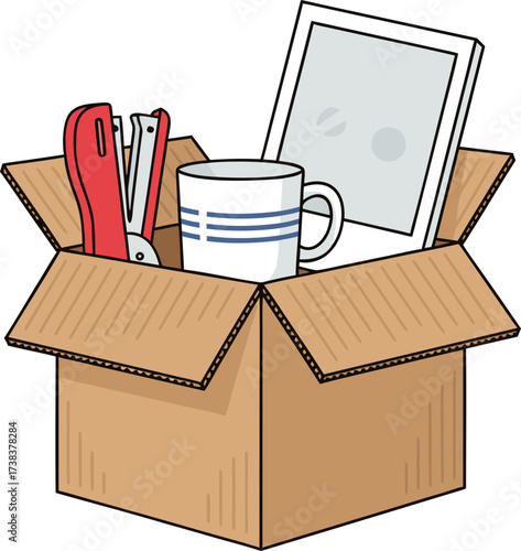 A cardboard box containing the office belongings of a laid-off employee: a stapler, a mug, and a photo frame. The concept of layoffs, unemployment, and the last day of work.