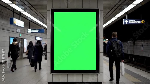 A large vertical illuminated billboard with a blank green screen stands on a modern subway platform offering a perfect mockup for advertising as people walk by

