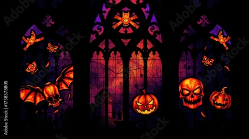 A spooky halloween scene with bats, pumpkins, and skulls in front of a window