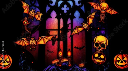 A spooky halloween scene with bats, pumpkins, and skulls in front of a window