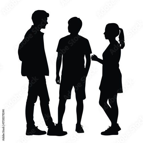 Silhouette of three people talking