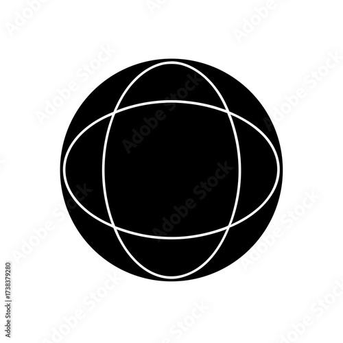 Black sphere with two orbital white lines on transparent background silhouette