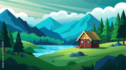Designed to blend in with its natural surroundings the cabin is tucked away in a lush green valley providing an idyllic setting for a peaceful retreat.