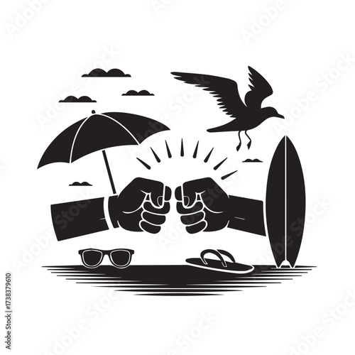 Vector art of fist bump on a sunny beach with surfboard, umbrella, and seagull, representing vacation and leisure