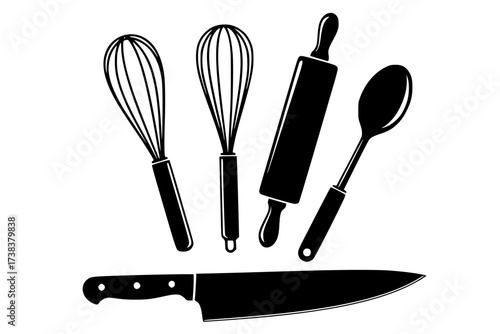 Black Vector Silhouette: Set of Diverse Kitchen Utensils and Tools	