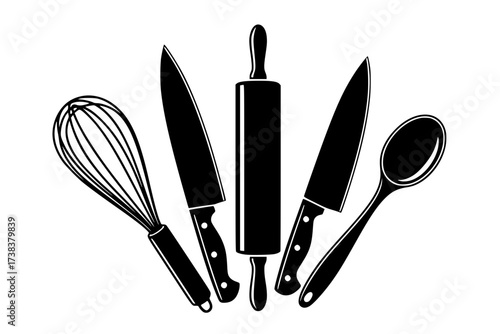 Black Vector Silhouette: Set of Diverse Kitchen Utensils and Tools	