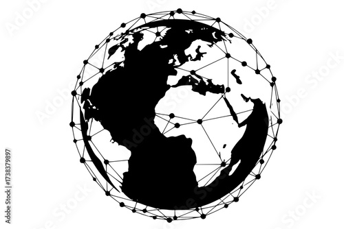 Black Vector Silhouette: Globe or World Map with Connecting Dots	