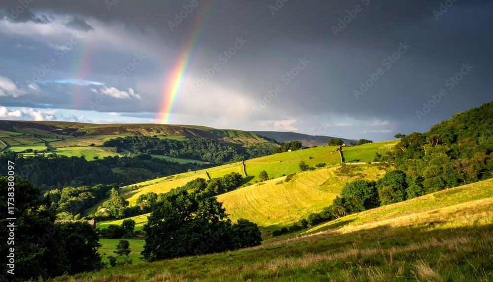 Obraz premium countryside hilly landscape with dark clouds and a vibrant rainbow