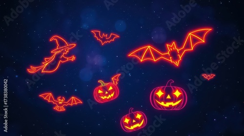 Halloween themed illustration with glowing pumpkins, witch, and bats on dark blue