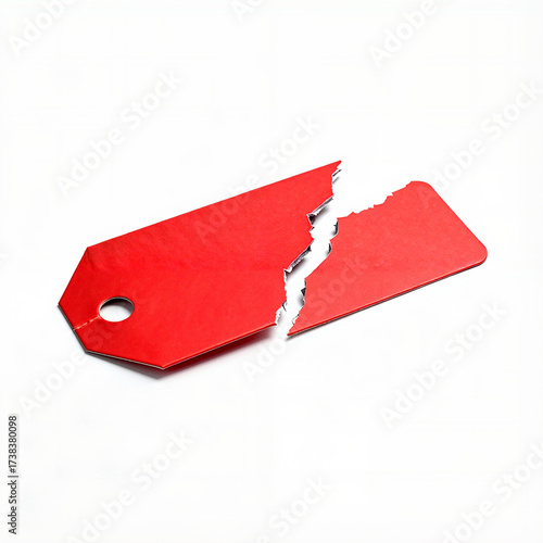 Torn red price tag on white background  