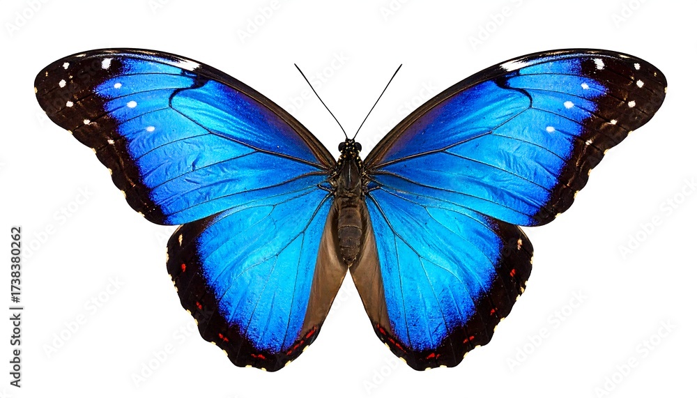 Obraz premium A detailed, high-angle shot showcasing the open wings of a vibrant blue butterfly. Its intricate patterns are visible against a white background