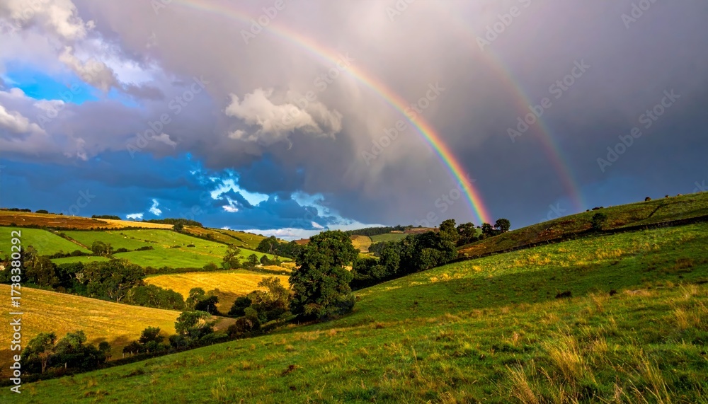 Obraz premium countryside hilly landscape with dark clouds and a vibrant rainbow