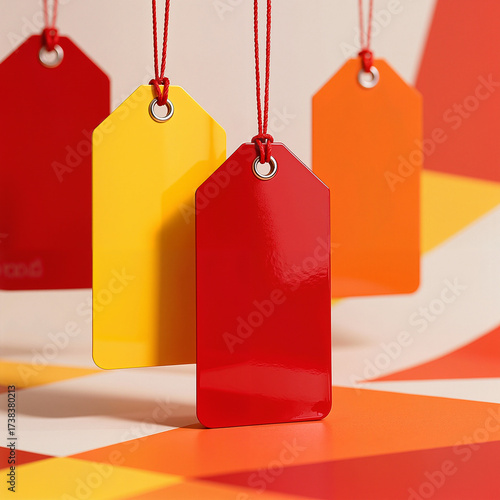 Colorful sale tags hanging against a vibrant geometric background  