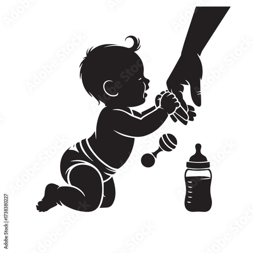 Vector art of silhouette of a baby crawling towards a parents hand, with a rattle and baby bottle nearby