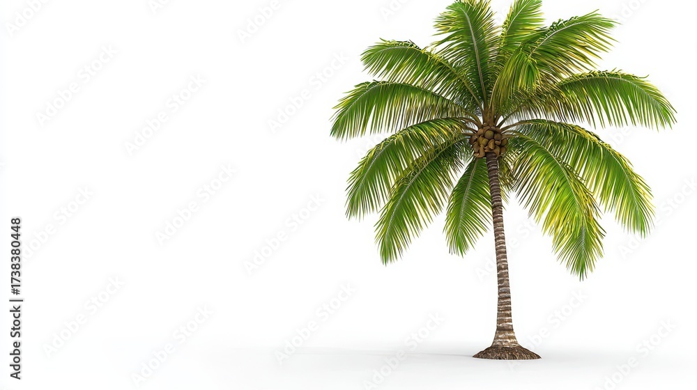 Obraz premium Isolated Green Palm Tree on White Background with Textured Trunk and Subtle Shadowing